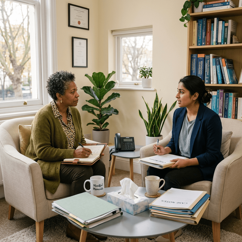 Two women seated in an office engaged in a therapy session with notebooks and folders
