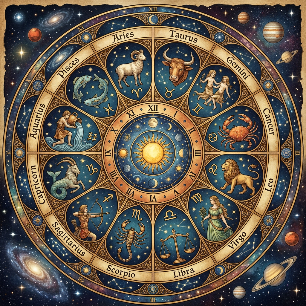 Zodiac wheel with symbols and illustrations of Aries, Taurus, Gemini, Cancer, Leo, Virgo, Libra, Scorpio, Sagittarius, Capricorn, Aquarius, and Pisces